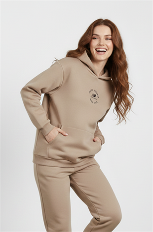 New Balance Bej Kadın Hoodie Kapşonlu Sweatshirt UNC3347-TRD