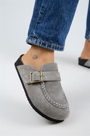 Manijero ARYA Premium MNR.017.03 Kadın Açık Gri Günlük Hakiki Deri Önü Kapalı Terlik