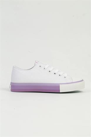 Benetton BNI-10031 İthal Beyaz Lila Kadın Keten Sneaker Spor Ayakkabı v1