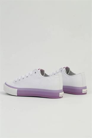 Benetton BNI-10031 İthal Beyaz Lila Kadın Keten Sneaker Spor Ayakkabı v1