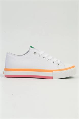Benetton BNI-10031 İthal Beyaz Turuncu Kadın Keten Sneaker Spor Ayakkabı v1