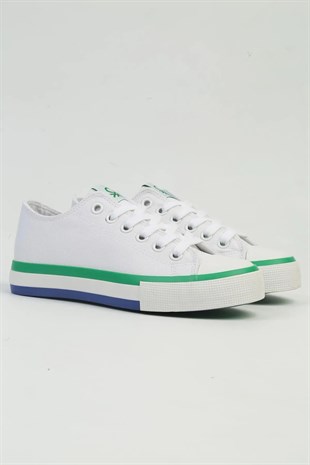Benetton BNI-10031 İthal Beyaz Yeşil Kadın Keten Sneaker Spor Ayakkabı v1