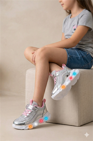 BUCKHEAD 4430 Glossy Shiny Silver Gümüş Işıklı Kız Çocuk Spor Ayakkabı