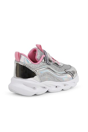 BUCKHEAD 4430 Glossy Shiny Silver Gümüş Işıklı Kız Çocuk Spor Ayakkabı