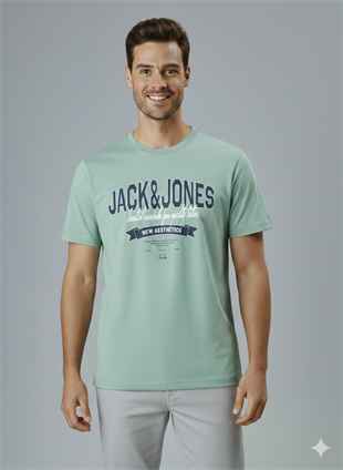 Jack & Jones JJELOGO Erkek Su Yeşil Tişört 12288016