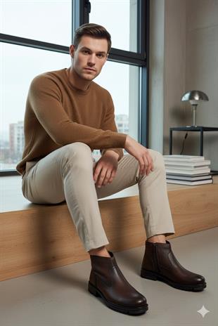MAKRAS EXCLUSIVE Erkek Fermuarlı Kahve Hakiki Deri Günlük İçi Kürklü Bot