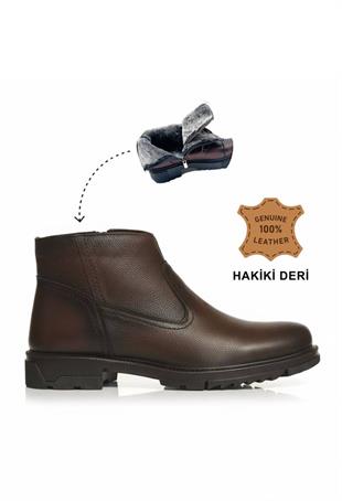 MAKRAS EXCLUSIVE Erkek Fermuarlı Kahve Hakiki Deri Günlük İçi Kürklü Bot
