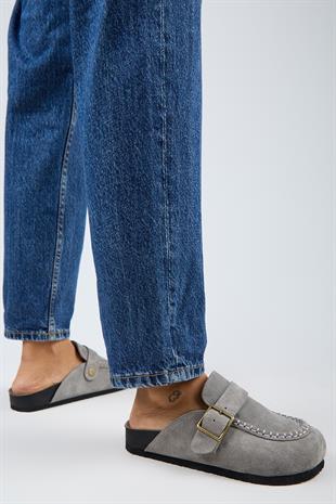 Manijero ARYA Premium MNR.017.03 Kadın Açık Gri Günlük Hakiki Deri Önü Kapalı Terlik