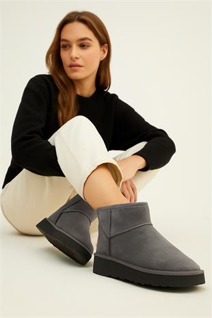 FeelUp Süet İçi Kürklü Kısa Kalın Taban Gri Kadın Günlük Bot
