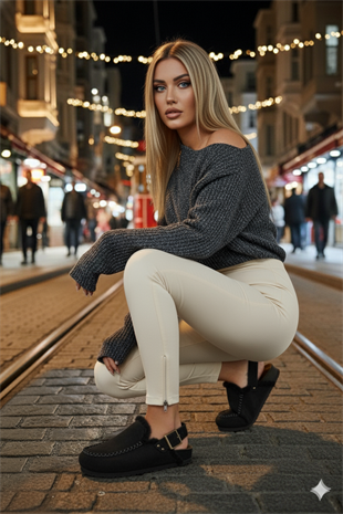 Manijero Alba Kürklü Premium MNR.016 Kadın Siyah Günlük Hakiki Deri Sandalet Terlik