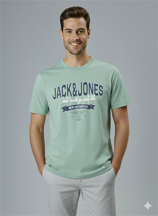 Jack & Jones JJELOGO Erkek Su Yeşil Tişört 12288016