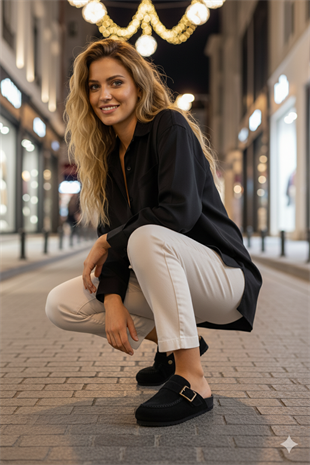 Manijero ARYA Premium MNR.017.04 Kadın Siyah Günlük Hakiki Deri Önü Kapalı Terlik