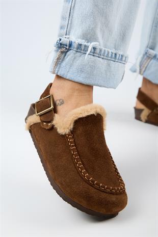 Manijero Alba Kürklü Premium MNR.016 Kadın Taba Günlük Hakiki Deri Sandalet Terlik