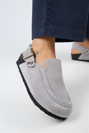 Manijero Alba Premium MNR.010.06 Kadın Açık Gri Günlük Hakiki Deri Önü Kapalı Terlik