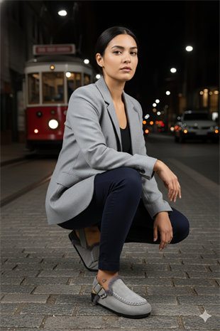 Manijero Alba Kürklü Premium MNR.016 Kadın Gri Günlük Hakiki Deri Sandalet Terlik