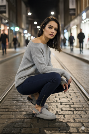 Manijero Alba Kürklü Premium MNR.016 Kadın Gri Günlük Hakiki Deri Sandalet Terlik