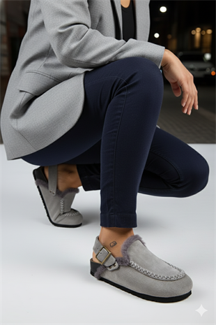 Manijero Alba Kürklü Premium MNR.016 Kadın Gri Günlük Hakiki Deri Sandalet Terlik