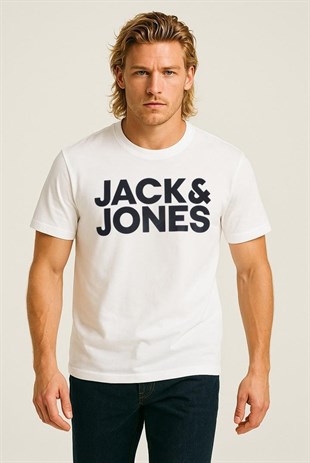 Jack & Jones Corplogo Büyük Logo Erkek Tişört 12151955 White Slim Large