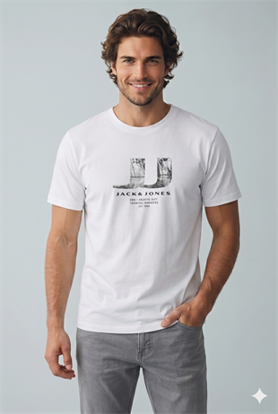 Jack & Jones JCODUST JJ PHOTO TEE SS CREW FST Logolu Erkek Beyaz Tişört 12297849