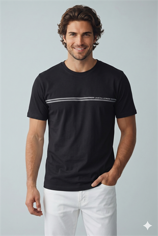 Jack & Jones JCOFUSION CHEST BRAND TEE SS CREW NOOS Logolu Erkek Siyah Tişört 12289936