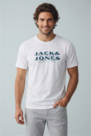 Jack & Jones JCOFUSION JJ Marka Baskılı Bisiklet Yaka Erkek Beyaz 12289880