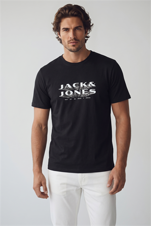 Jack & Jones JCOFUSION JJ Marka Baskılı Bisiklet Yaka Erkek Siyah Tişört 12289880