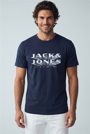 Jack & Jones JCOFUSION JJ Marka Baskılı Bisiklet Yaka Erkek Koyu Lacivert 12289880