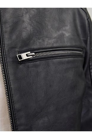 Jack & Jones JEDYLAN PU Biker Erkek PU Deri Mont Siyah 12261196