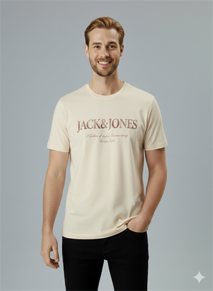 Jack & Jones JJDEVIN DAYTONA Logolu Erkek Krem Tişört 12290173