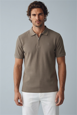 Jack & Jones Jjeaustin Fermuarlı Polo Yakalı Kahverengi Tshirt 12279177
