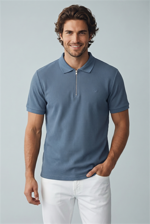 Jack & Jones Jjeaustin Fermuarlı Polo Yakalı Mavi Tshirt 12279177