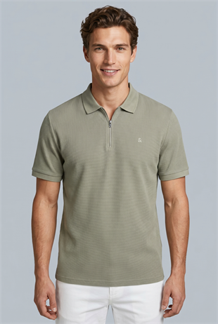 Jack & Jones Jjeaustin Fermuarlı Polo Yakalı Yeşil Tshirt 12279177
