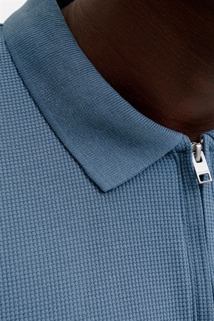 Jack & Jones Jjeaustin Fermuarlı Polo Yakalı Mavi Tshirt 12279177