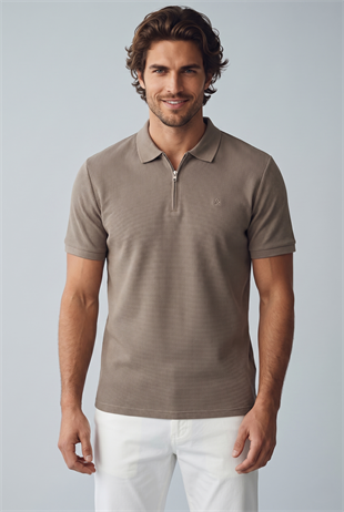 Jack & Jones Jjeaustin Fermuarlı Polo Yakalı Kahverengi Tshirt 12279177