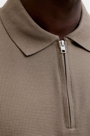 Jack & Jones Jjeaustin Fermuarlı Polo Yakalı Kahverengi Tshirt 12279177