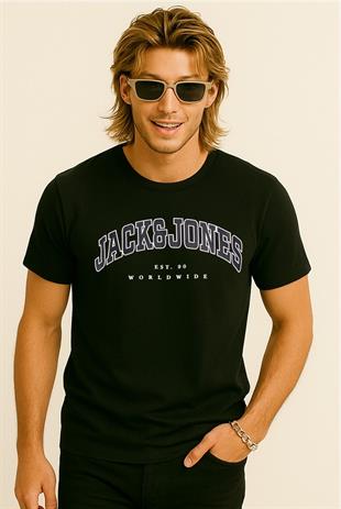 Jack & Jones JJECALEB VARSITY 0 Yaka Black Erkek Tişört 12257579