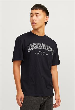 Jack & Jones JJECALEB VARSITY 0 Yaka Black Erkek Tişört 12257579