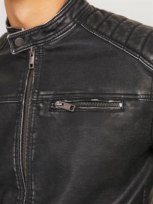 Jack & Jones JJEROCKY Trendy Erkek PU Deri Mont Siyah Yıkama 12273226