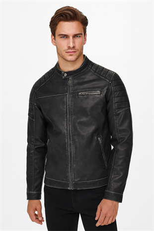 Jack & Jones JJEROCKY Trendy Erkek PU Deri Mont Siyah Yıkama 12273226