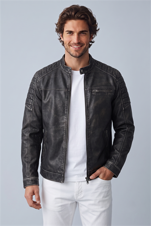 Jack & Jones JJEROCKY Trendy Erkek PU Deri Mont Siyah Yıkama 12273226