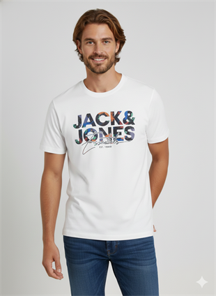 Jack & Jones JJGEPLAS TEE Büyük Logo Erkek Beyaz Renkli Baskı Tişört 12278523