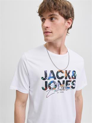 Jack & Jones JJGEPLAS TEE Büyük Logo Erkek Beyaz Renkli Baskı Tişört 12278523
