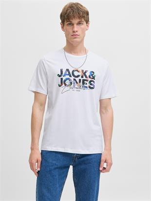 Jack & Jones JJGEPLAS TEE Büyük Logo Erkek Beyaz Renkli Baskı Tişört 12278523
