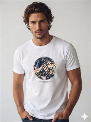 Jack & Jones JJHONOLULU SHAPE TEE SS CREW NECK LN Logolu Erkek Beyaz Tişört 12288088