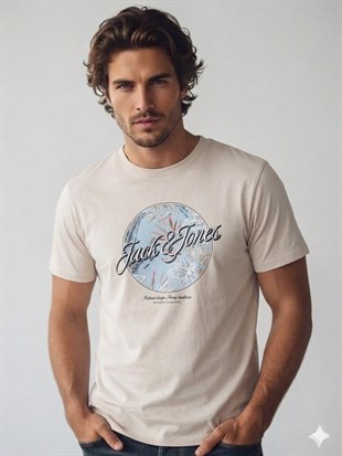 Jack & Jones JJHONOLULU SHAPE TEE SS CREW NECK LN Logolu Erkek Moonbeam Tişört 12288088