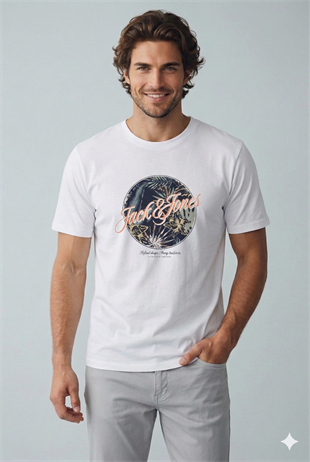 Jack & Jones JJHONOLULU SHAPE TEE SS CREW NECK LN Logolu Erkek Beyaz Tişört 12288088