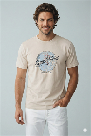 Jack & Jones JJHONOLULU SHAPE TEE SS CREW NECK LN Logolu Erkek Moonbeam Tişört 12288088