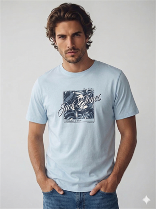 Jack & Jones JJHONOLULU SHAPE TEE SS CREW NECK LN Logolu Erkek Gök Mavisi Tişört 12288088