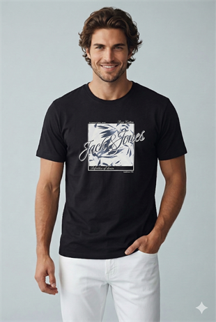 Jack & Jones JJHONOLULU SHAPE TEE SS CREW NECK LN Logolu Erkek Siyah Tişört 12288088