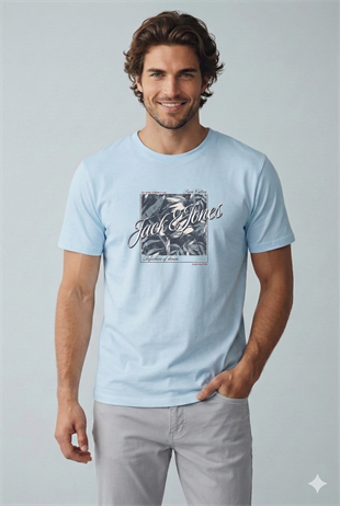 Jack & Jones JJHONOLULU SHAPE TEE SS CREW NECK LN Logolu Erkek Gök Mavisi Tişört 12288088